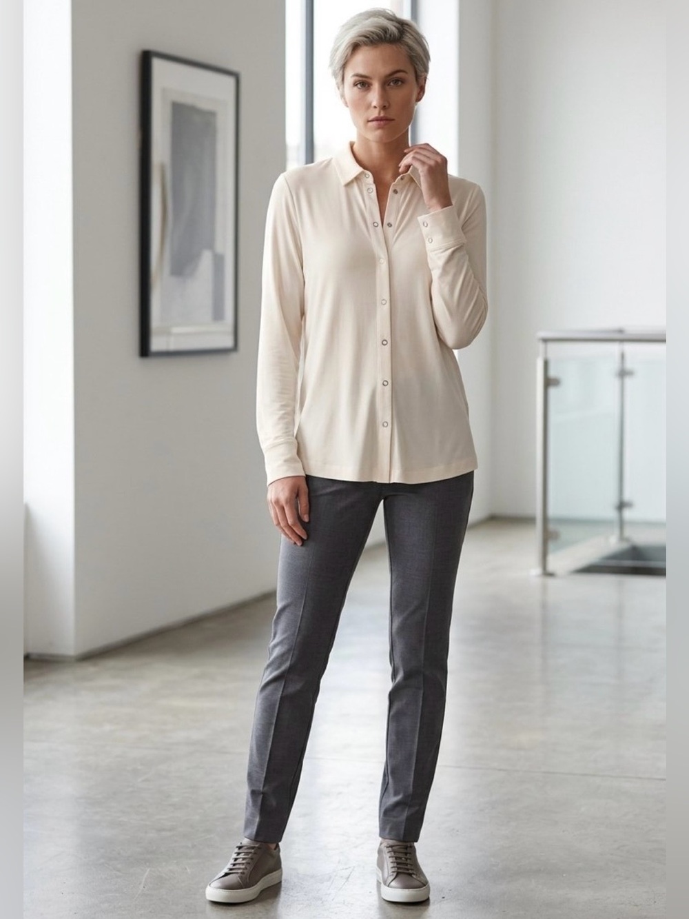 Anatomie Danica Snap Front Travel Shirt Top Cream Ivory Size Large L NWT $248